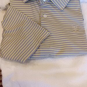 Peter Millar Yellow and Blue Striped Golf Polo 1899 Logo On Chest Size